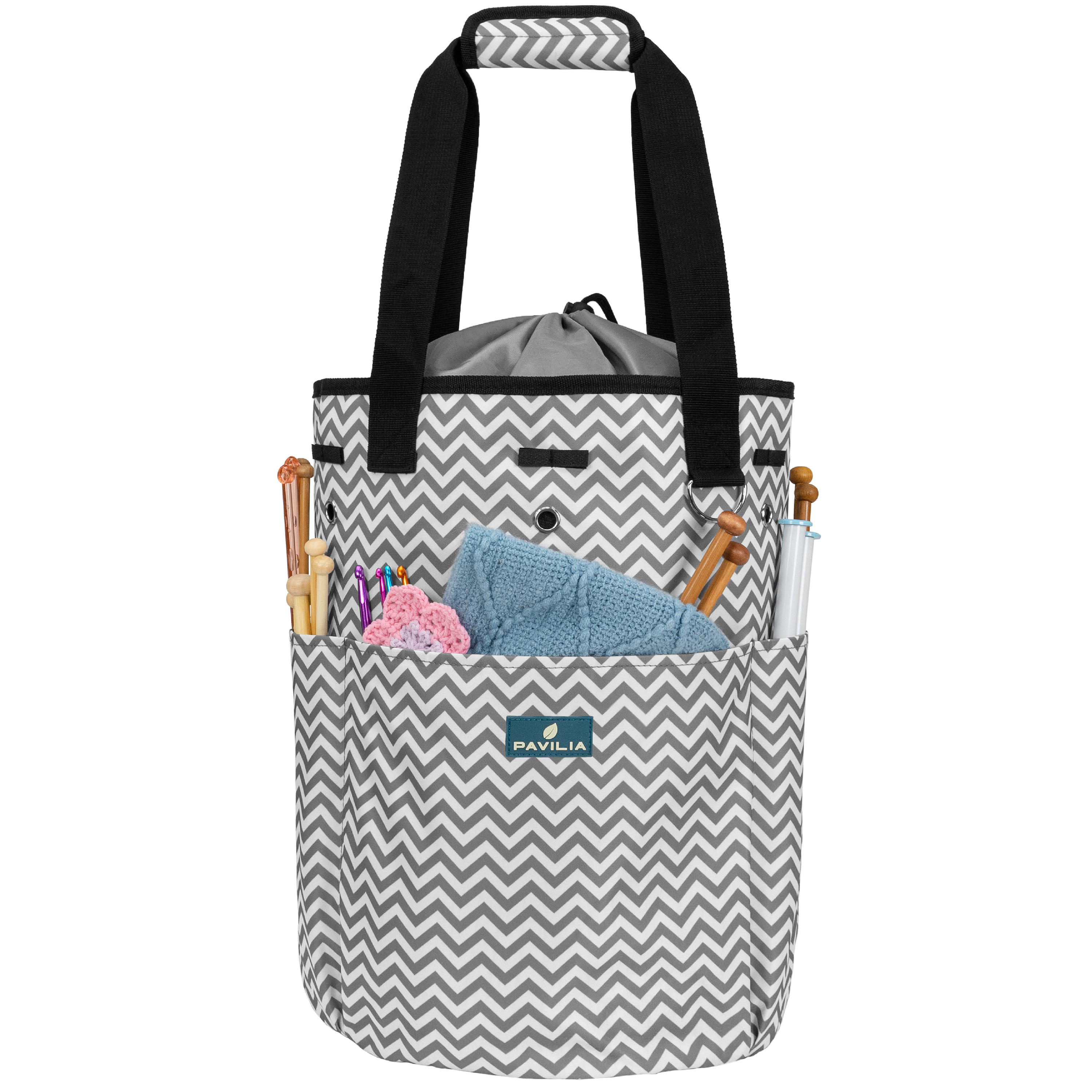 PAVILIA Knitting Bag Crochet Organizer Bag, Yarn Storage Tote, Knitting  Accessories Supplies, Yarn Holder For Knitting With Grommets, Needles Hooks  Essentials, Crochet Project Case (Chevron Gray) 